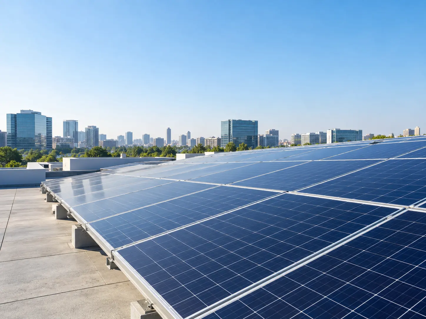 Large, neatly installed solar panel array on a commercial rooftop with modern office buildings in the background