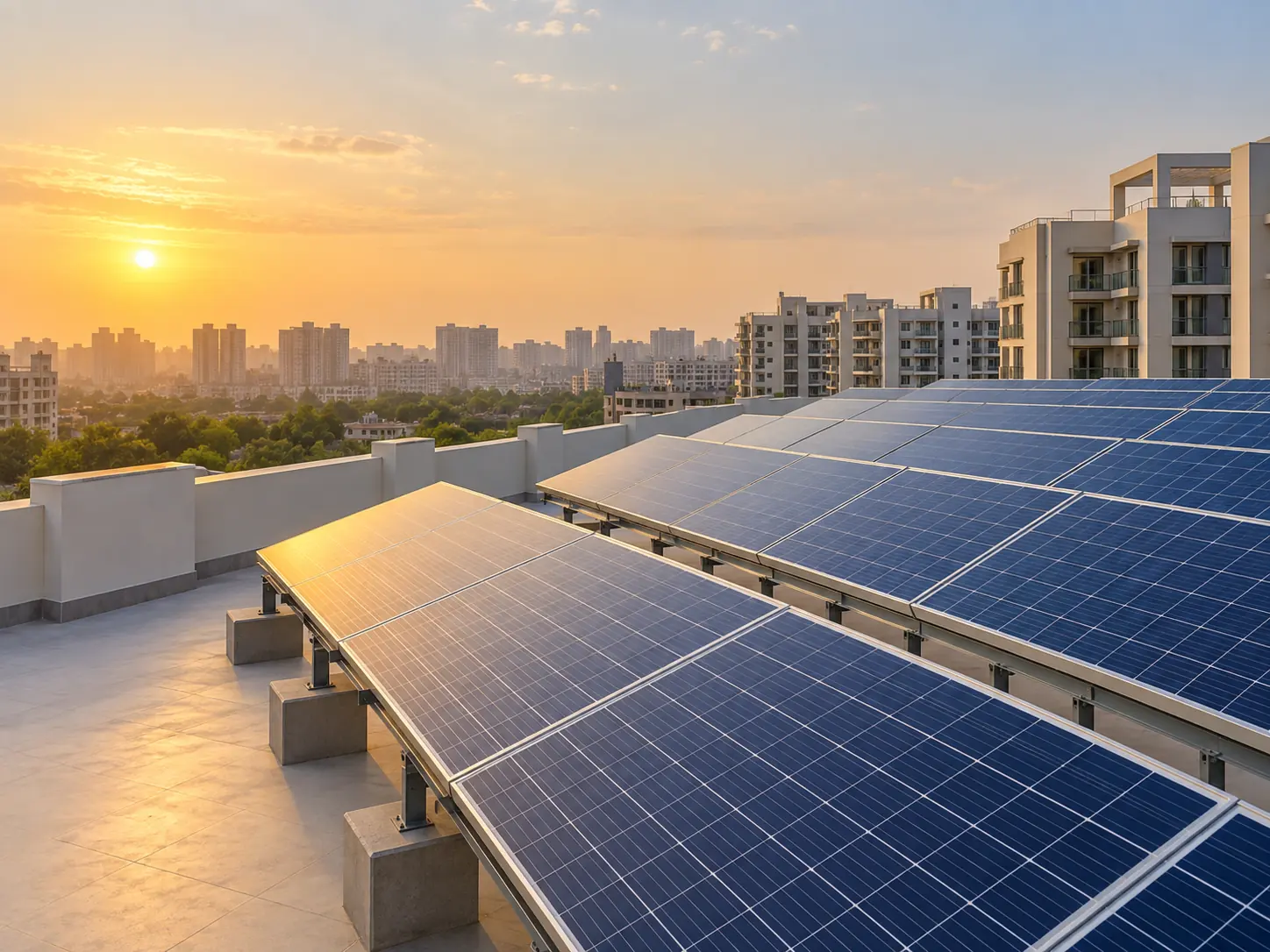 Ordered rooftop solar panels on a housing society building at golden hour with the city skyline behind