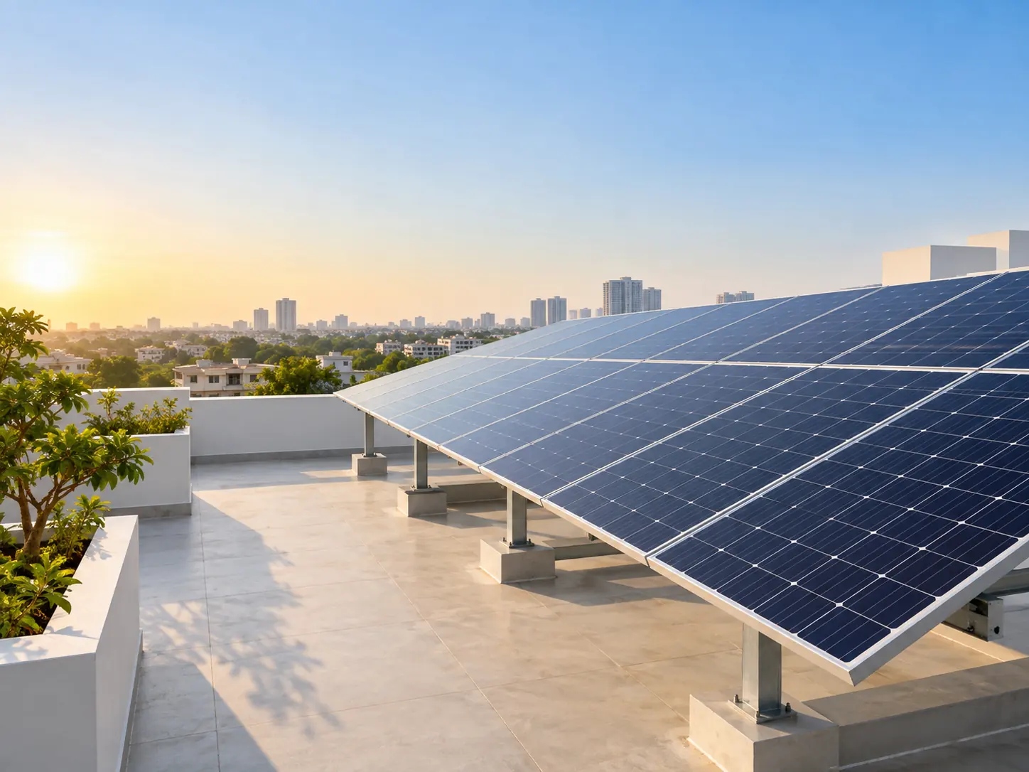 Completed rooftop solar array on a clean home terrace at sunrise, with the Delhi NCR skyline beyond