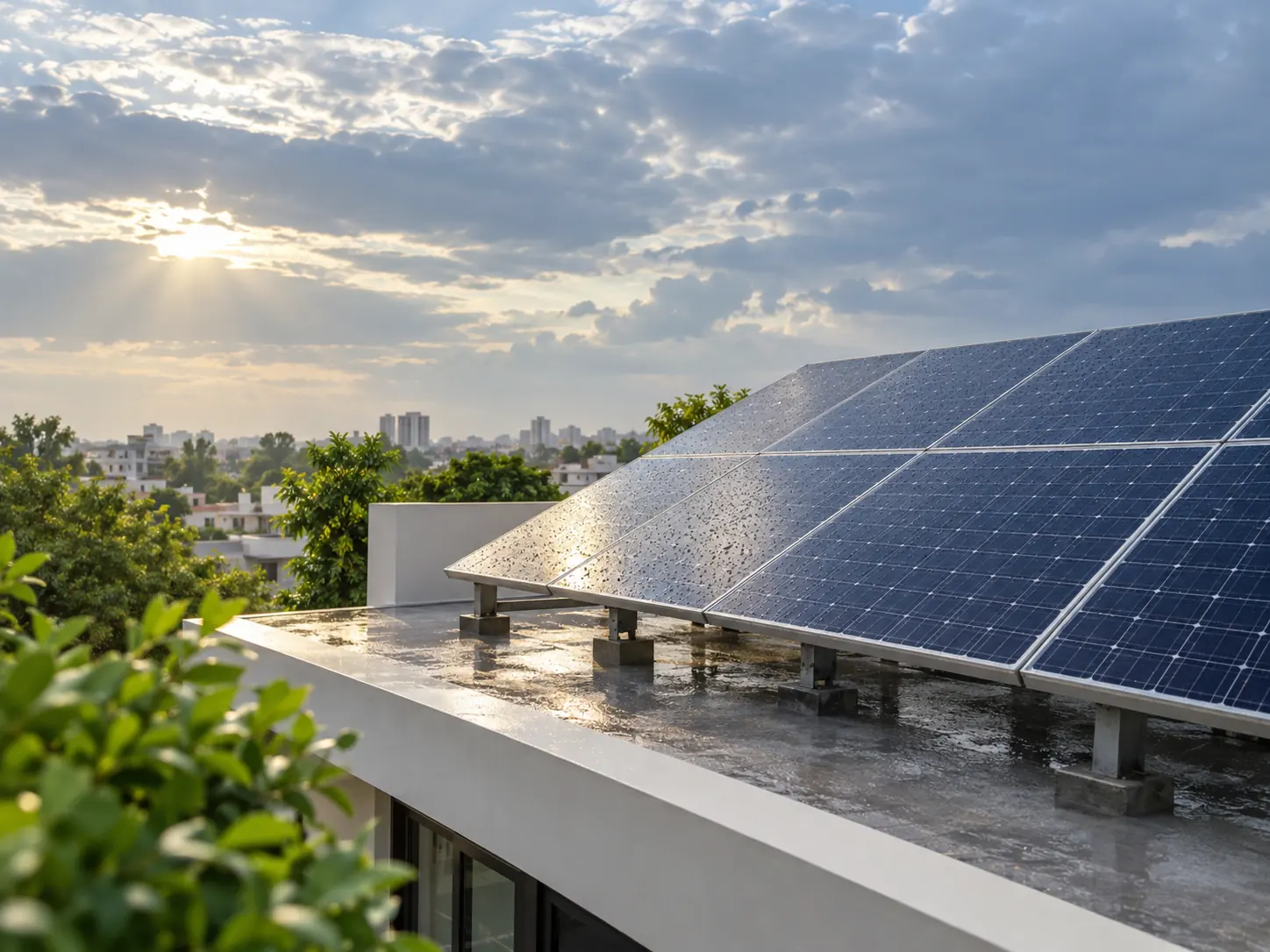 Freshly washed rooftop solar panels reflecting daylight after rain above a green urban neighbourhood