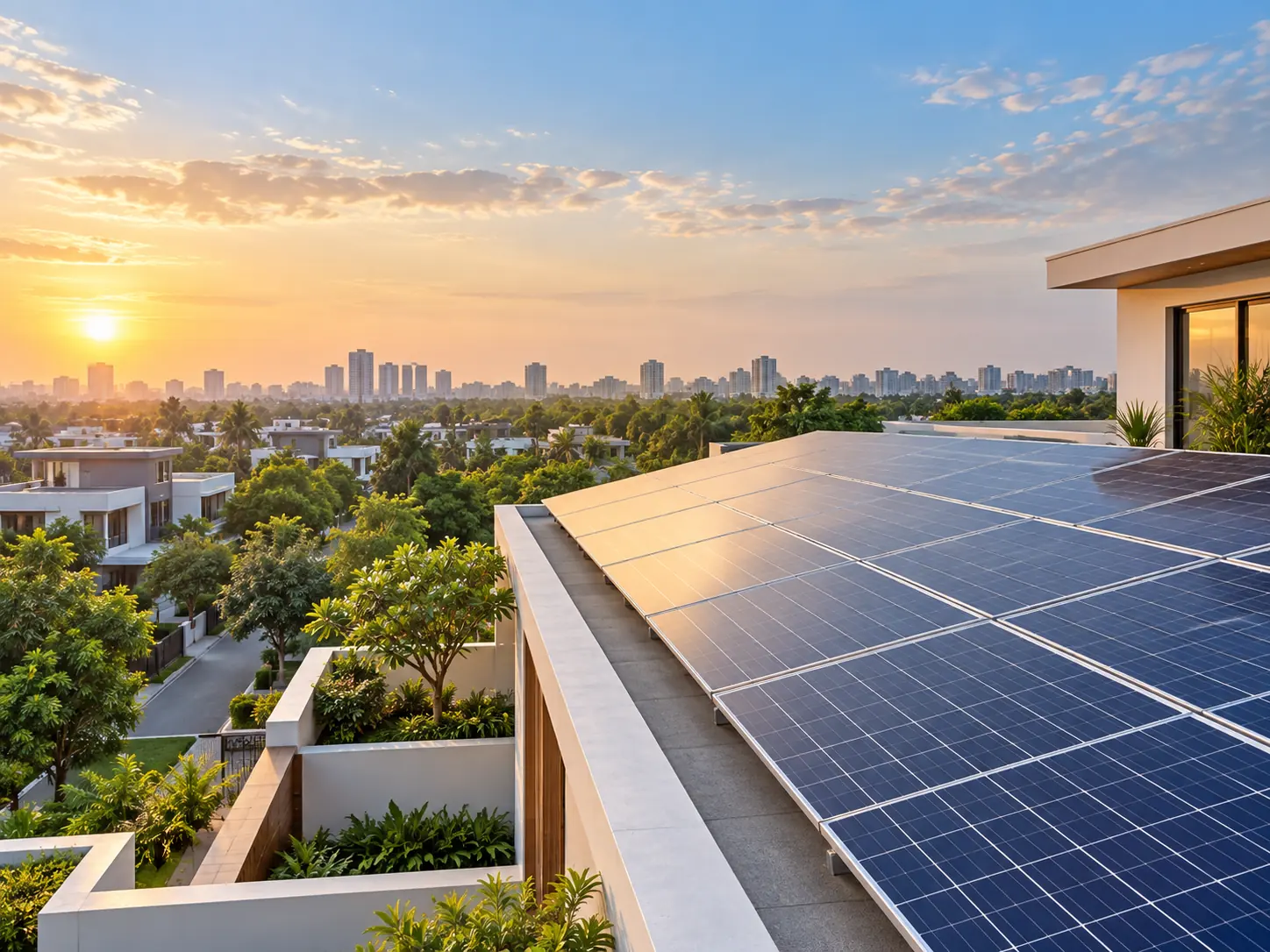 Solar panels installed on a modern family home overlooking a leafy Delhi NCR neighbourhood at sunrise